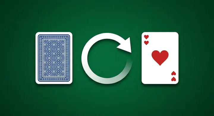 A face-down card flipping over to reveal its face, an Ace of hearts in Russian Solitaire